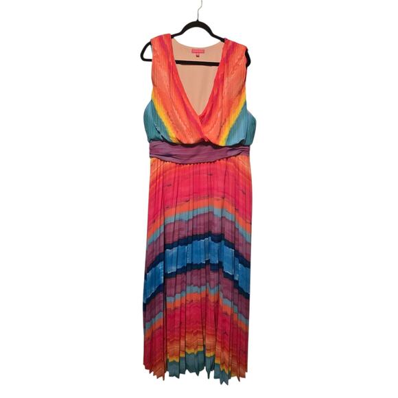 Flying Tomato Shore Vacays Rainbow Chiffon Maxi Dress Womens 2X Pleated Ruched - Picture 1 of 12